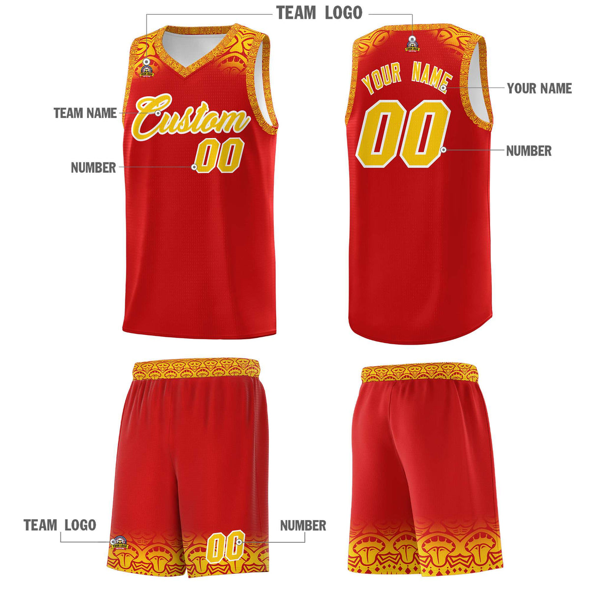 Custom Red Gold Personalized Indians Print Kits Sports Uniform Basketball Jersey|KXKSHOP