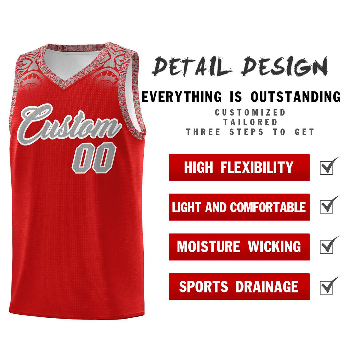Custom Red Gray Personalized Indians Print Kits Sports Uniform Basketball Jersey|KXKSHOP