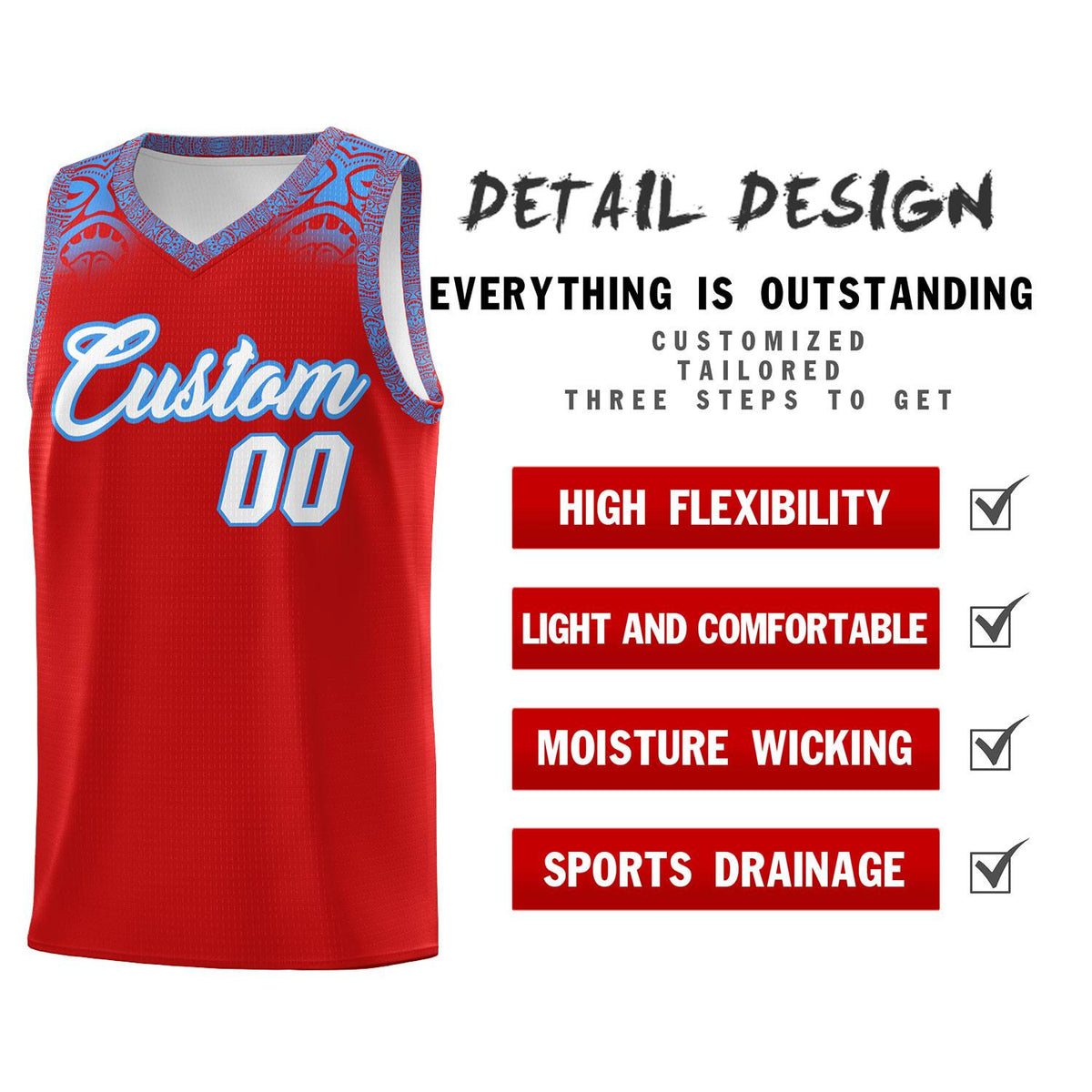 Custom Red Powder Blue Personalized Indians Print Kits Sports Uniform Basketball Jersey|KXKSHOP