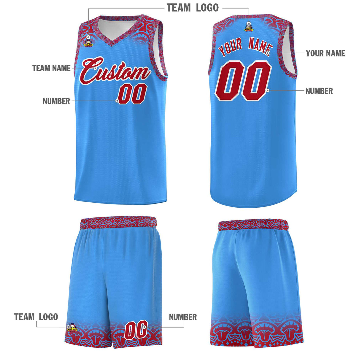 Custom Powder Blue Red Personalized Indians Print Kits Sports Uniform Basketball Jersey|KXKSHOP
