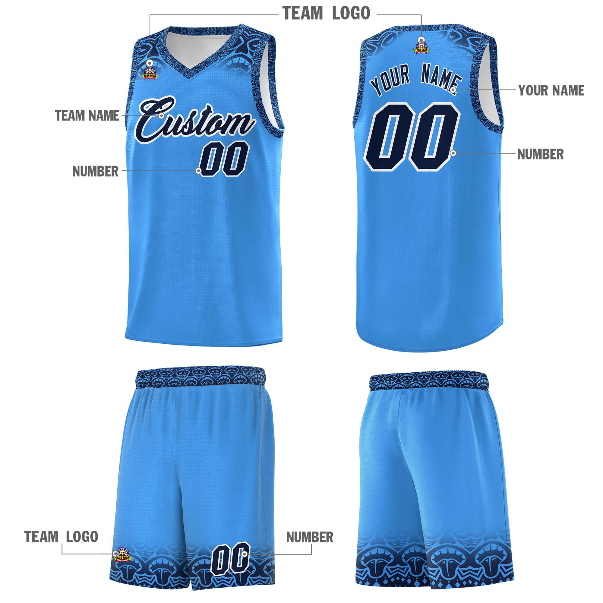Custom Powder Blue Black Personalized Indians Print Kits Sports Uniform Basketball Jersey|KXKSHOP