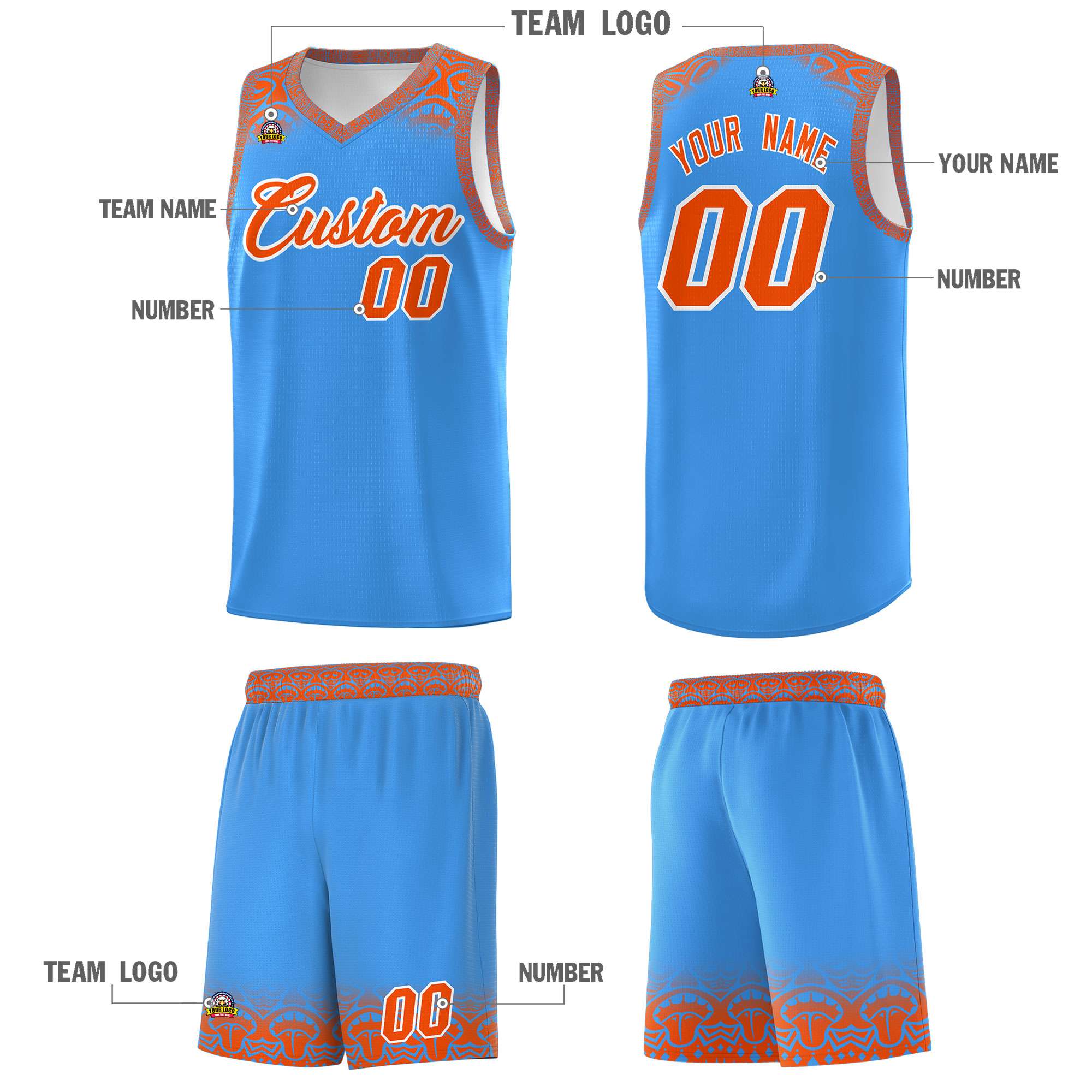 Custom Powder Blue Orange Personalized Indians Print Kits Sports Uniform Basketball Jersey|KXKSHOP