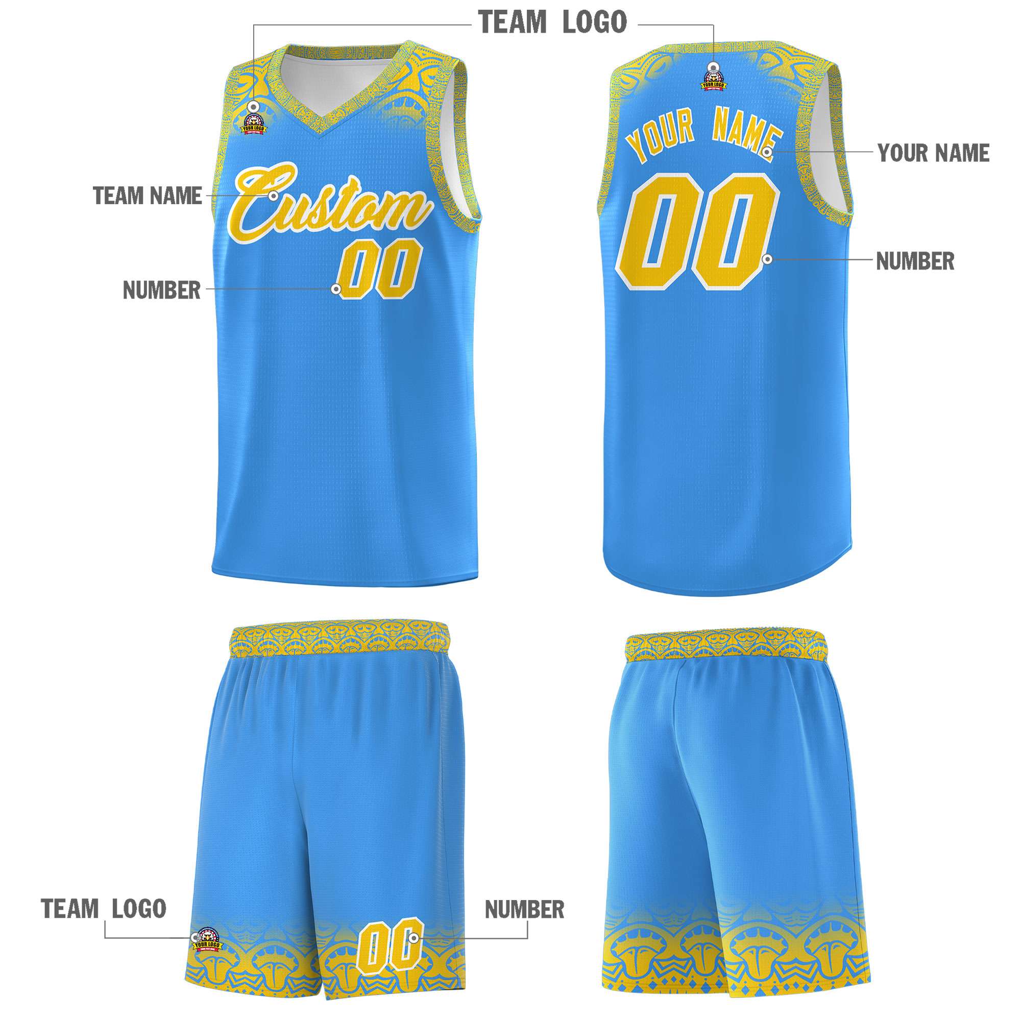 Custom Powder Blue Gold Personalized Indians Print Kits Sports Uniform Basketball Jersey|KXKSHOP