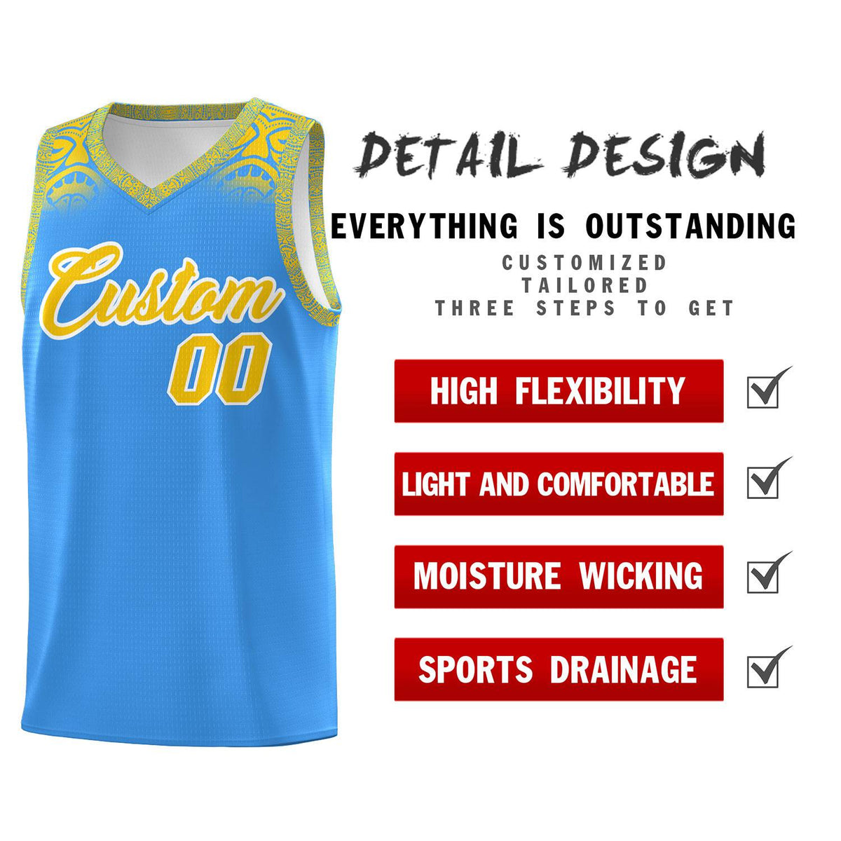 Custom Powder Blue Gold Personalized Indians Print Kits Sports Uniform Basketball Jersey|KXKSHOP