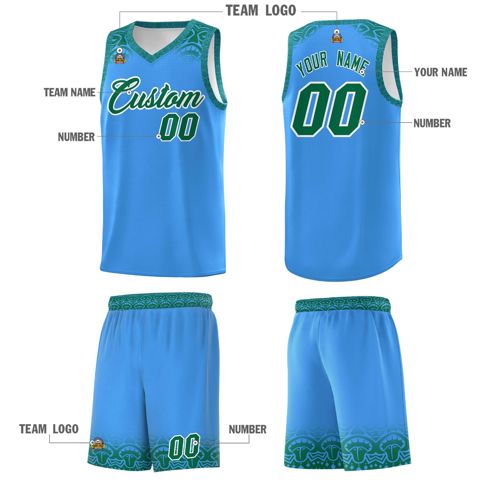 Custom Powder Blue Kelly Green Personalized Indians Print Kits Sports Uniform Basketball Jersey|KXKSHOP