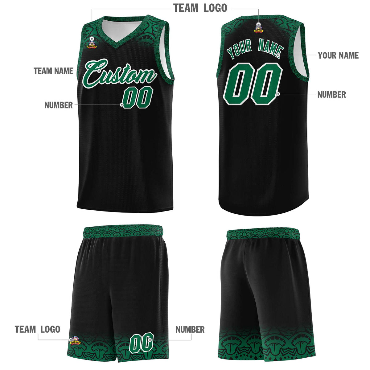 Custom Black Kelly Green Personalized Indians Print Kits Sports Uniform Basketball Jersey|KXKSHOP