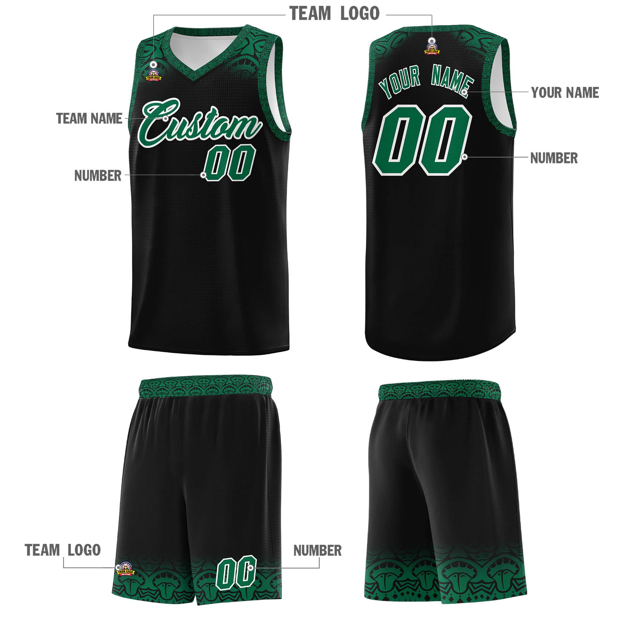 Custom Black Kelly Green Personalized Indians Print Kits Sports Uniform Basketball Jersey|KXKSHOP