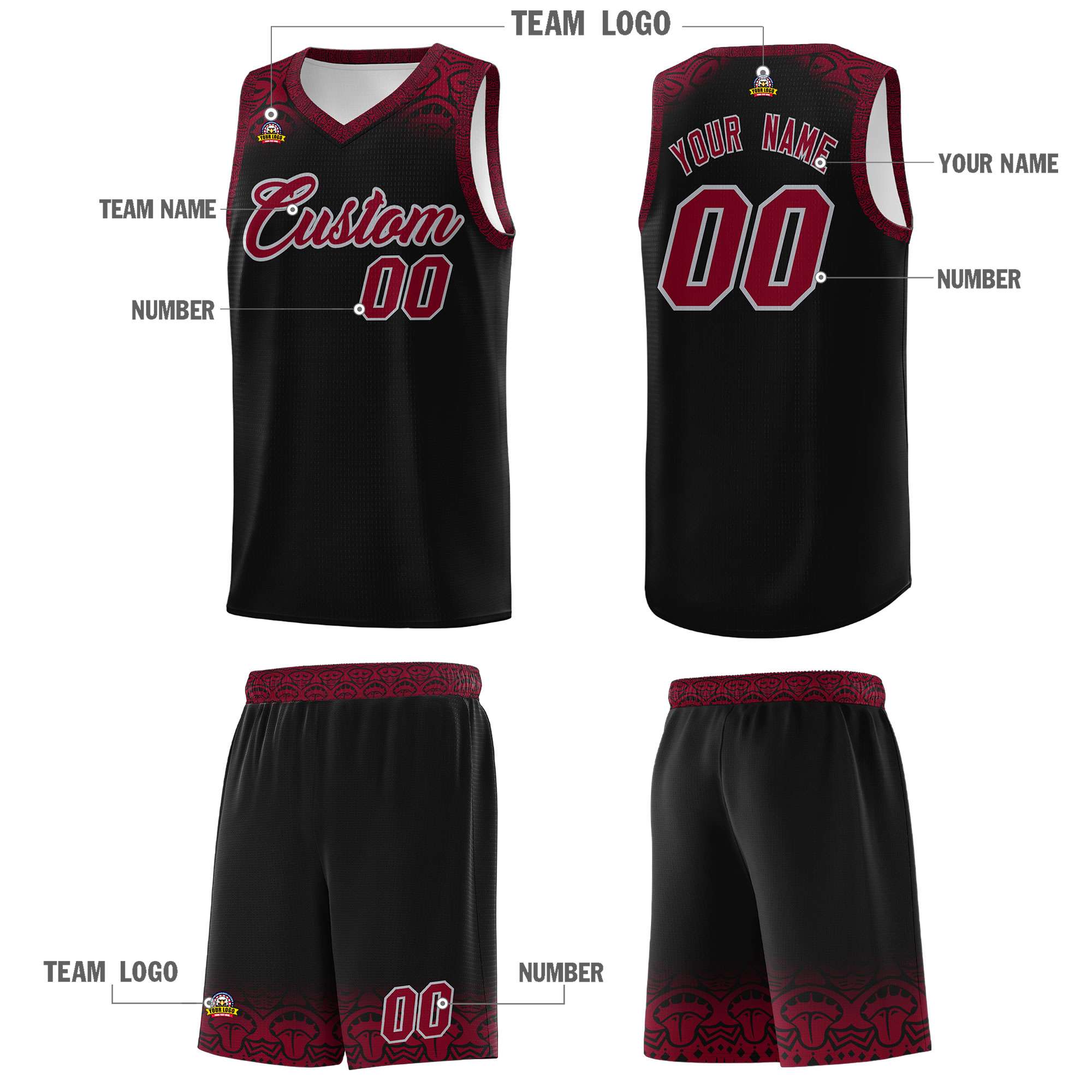 Custom Black Crimson Personalized Indians Print Kits Sports Uniform Basketball Jersey|KXKSHOP