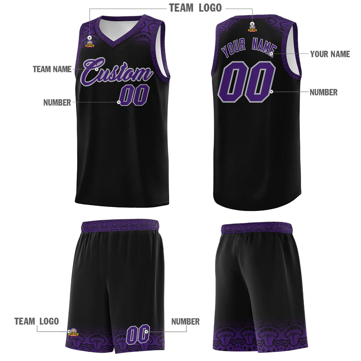 Custom Black Purple Personalized Indians Print Kits Sports Uniform Basketball Jersey|KXKSHOP