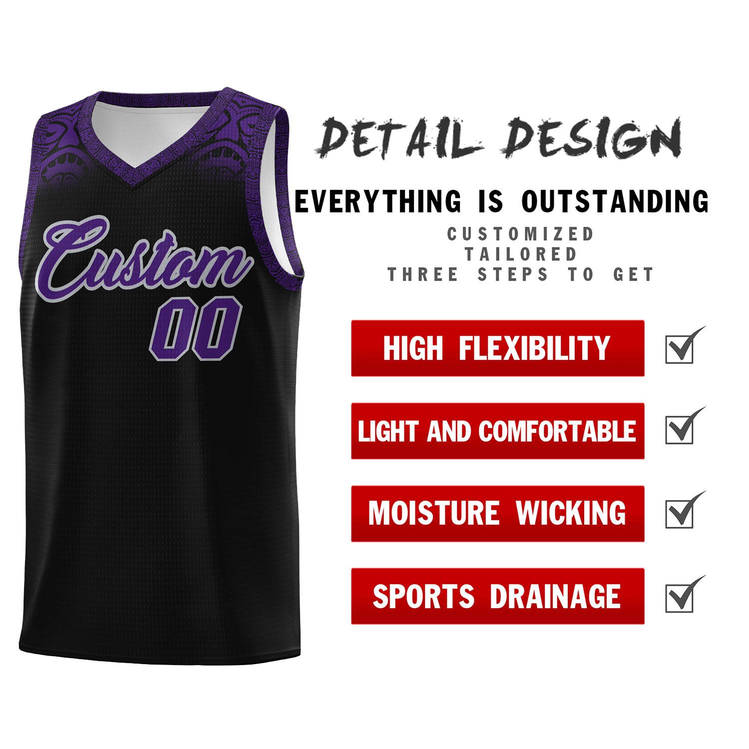 Custom Black Purple Personalized Indians Print Kits Sports Uniform Basketball Jersey|KXKSHOP
