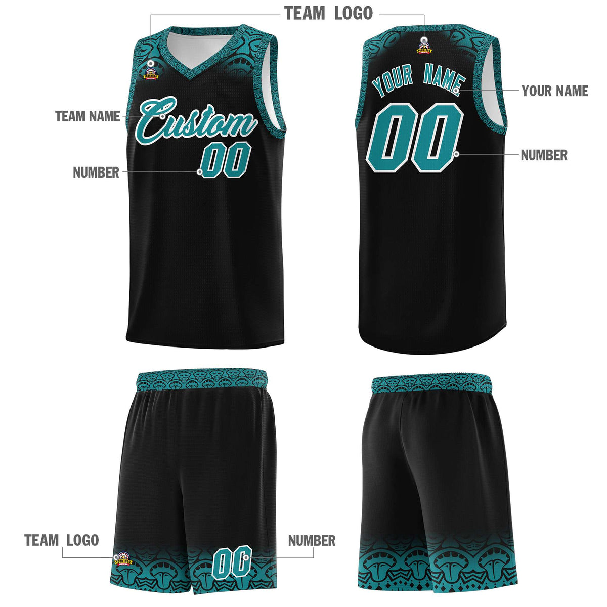 Custom Black Aqua Personalized Indians Print Kits Sports Uniform Basketball Jersey|KXKSHOP