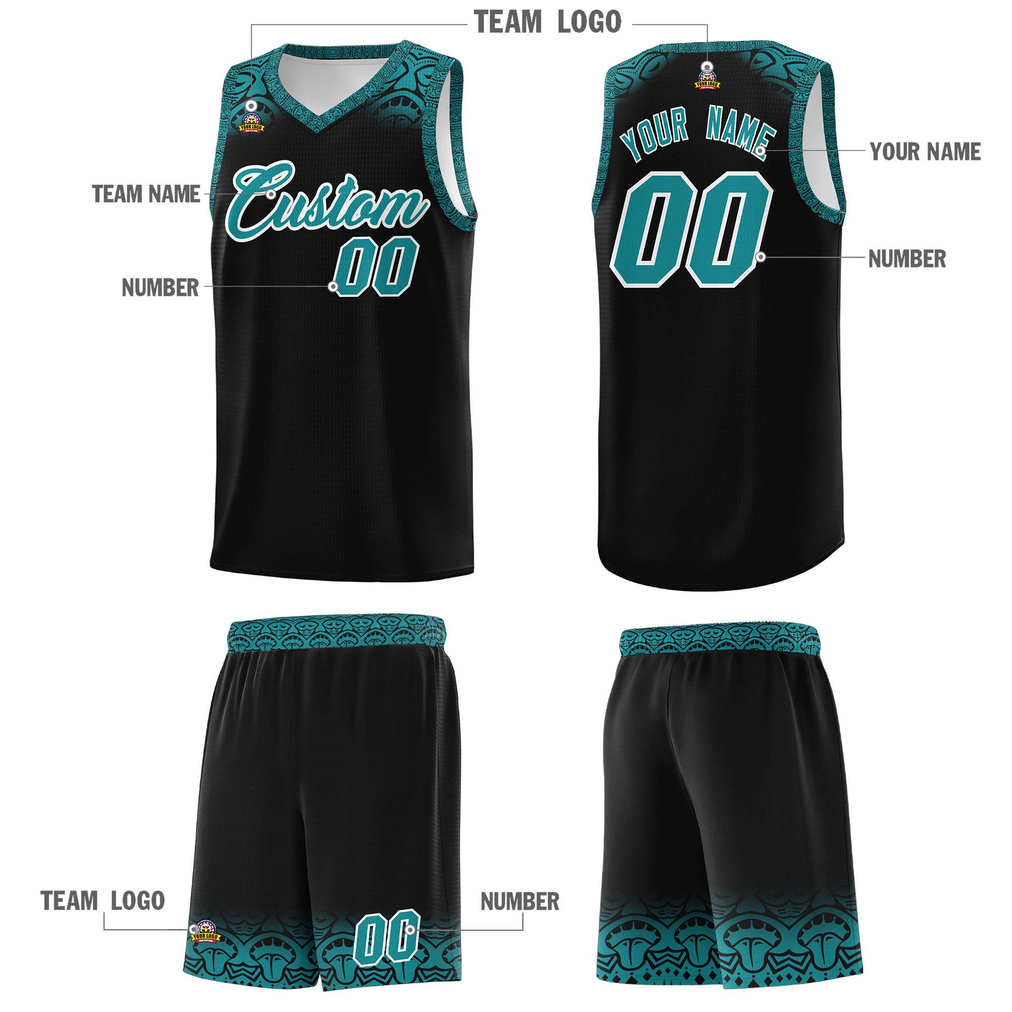 Custom Black Aqua Personalized Indians Print Kits Sports Uniform Basketball Jersey|KXKSHOP