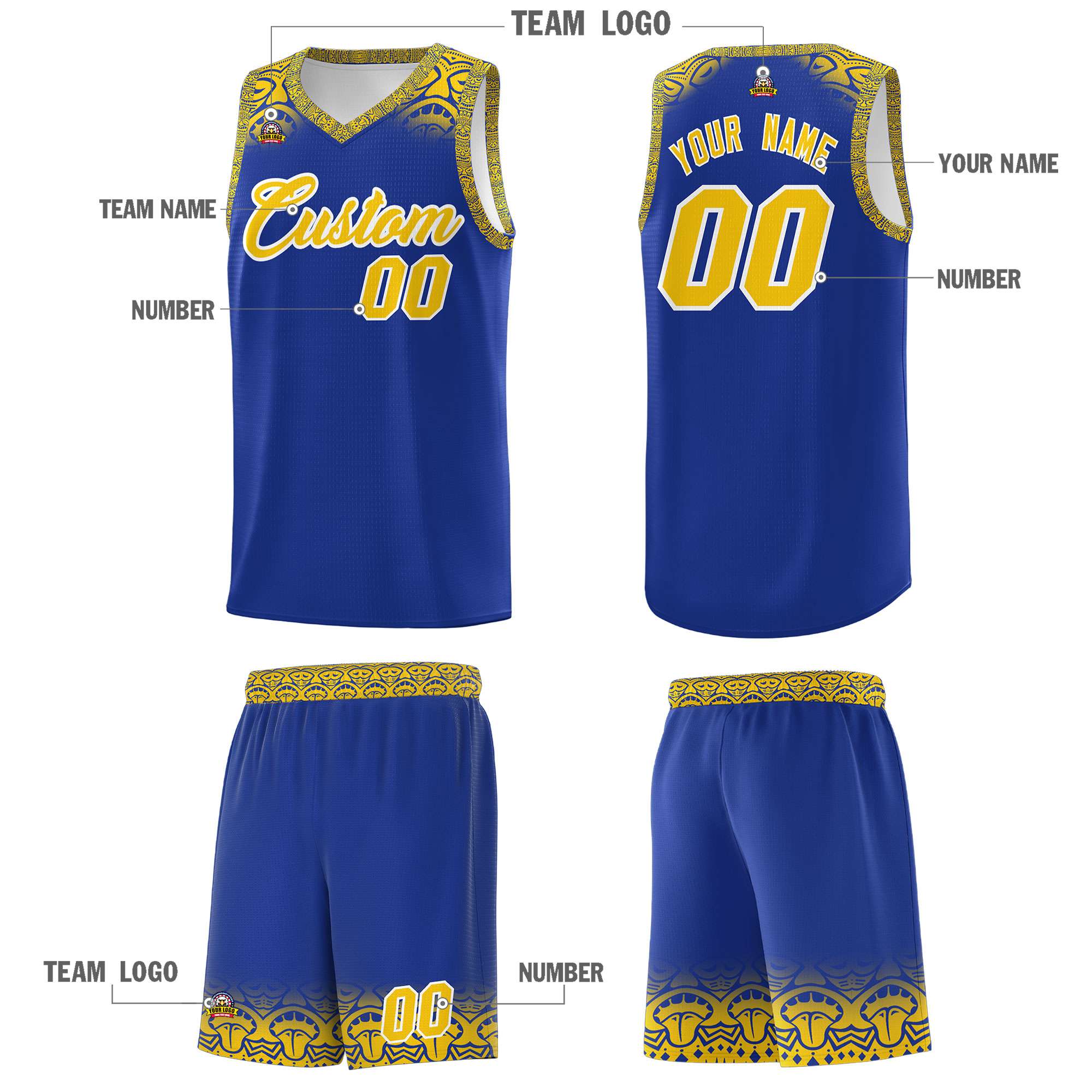 Custom Royal Gold Personalized Indians Print Kits Sports Uniform Basketball Jersey|KXKSHOP