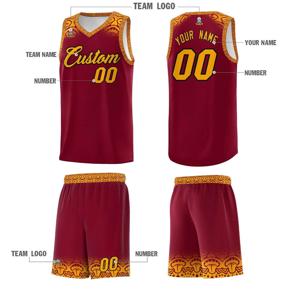 Custom Crimson Yellow Personalized Indians Print Kits Sports Uniform Basketball Jersey|KXKSHOP