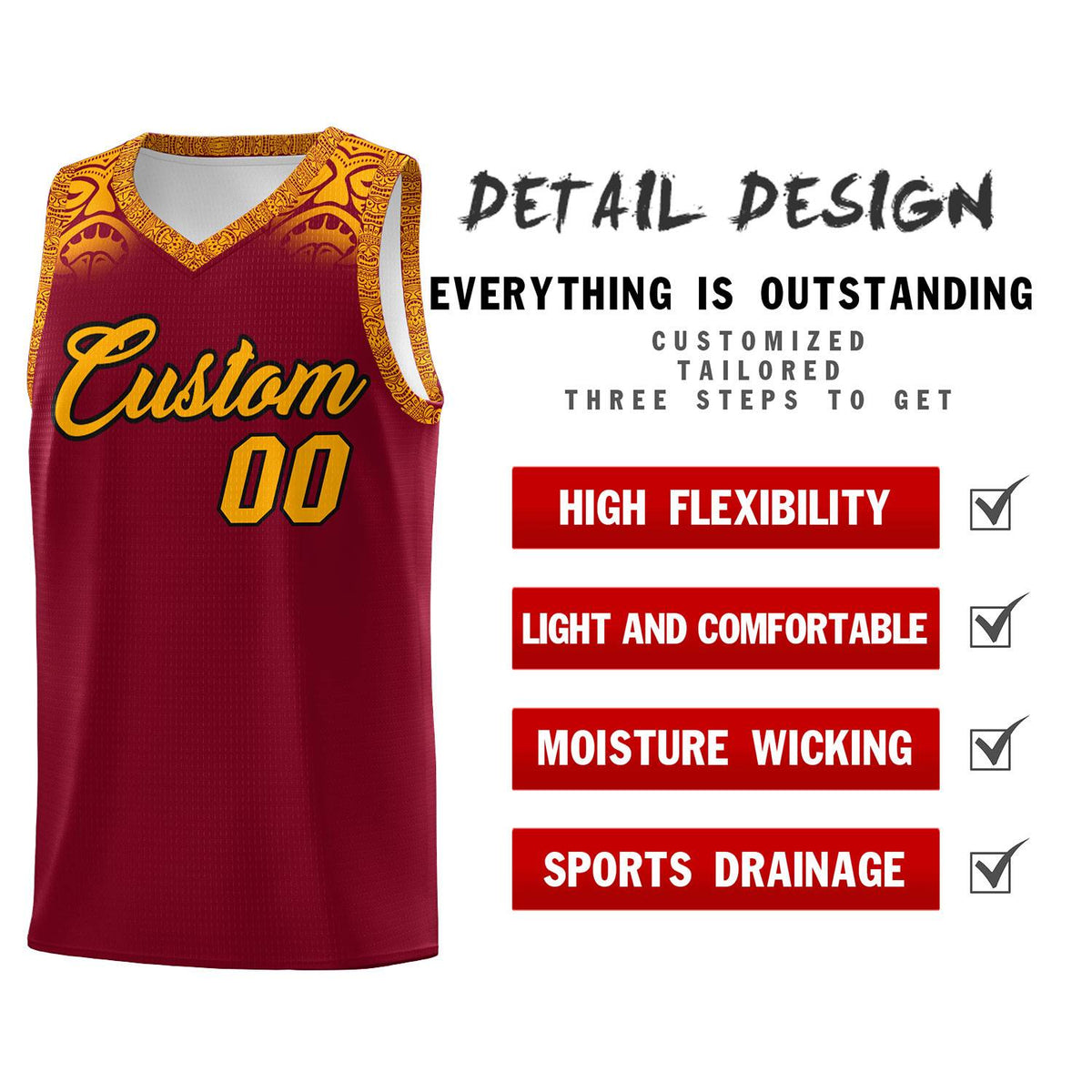 Custom Crimson Yellow Personalized Indians Print Kits Sports Uniform Basketball Jersey|KXKSHOP