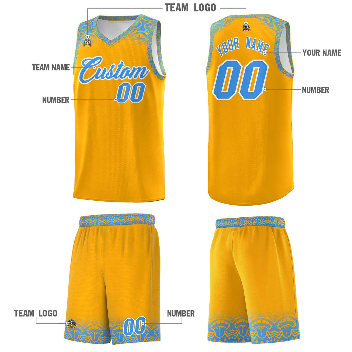 Custom Yellow Powder Blue Personalized Indians Print Kits Sports Uniform Basketball Jersey|KXKSHOP