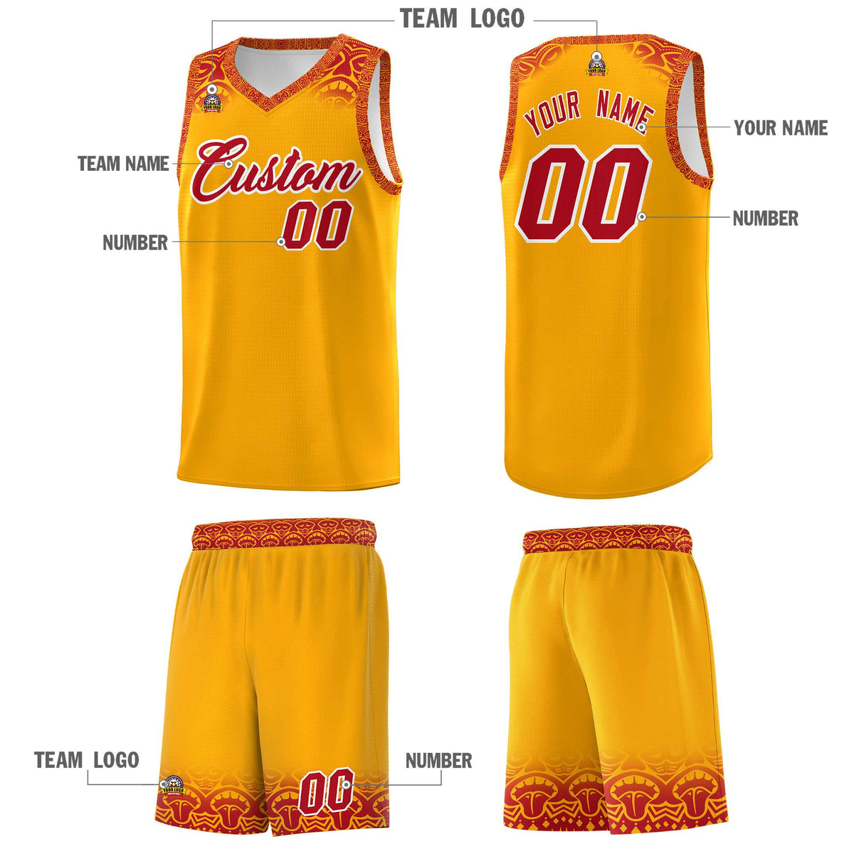 Custom Yellow Red Personalized Indians Print Kits Sports Uniform Basketball Jersey|KXKSHOP