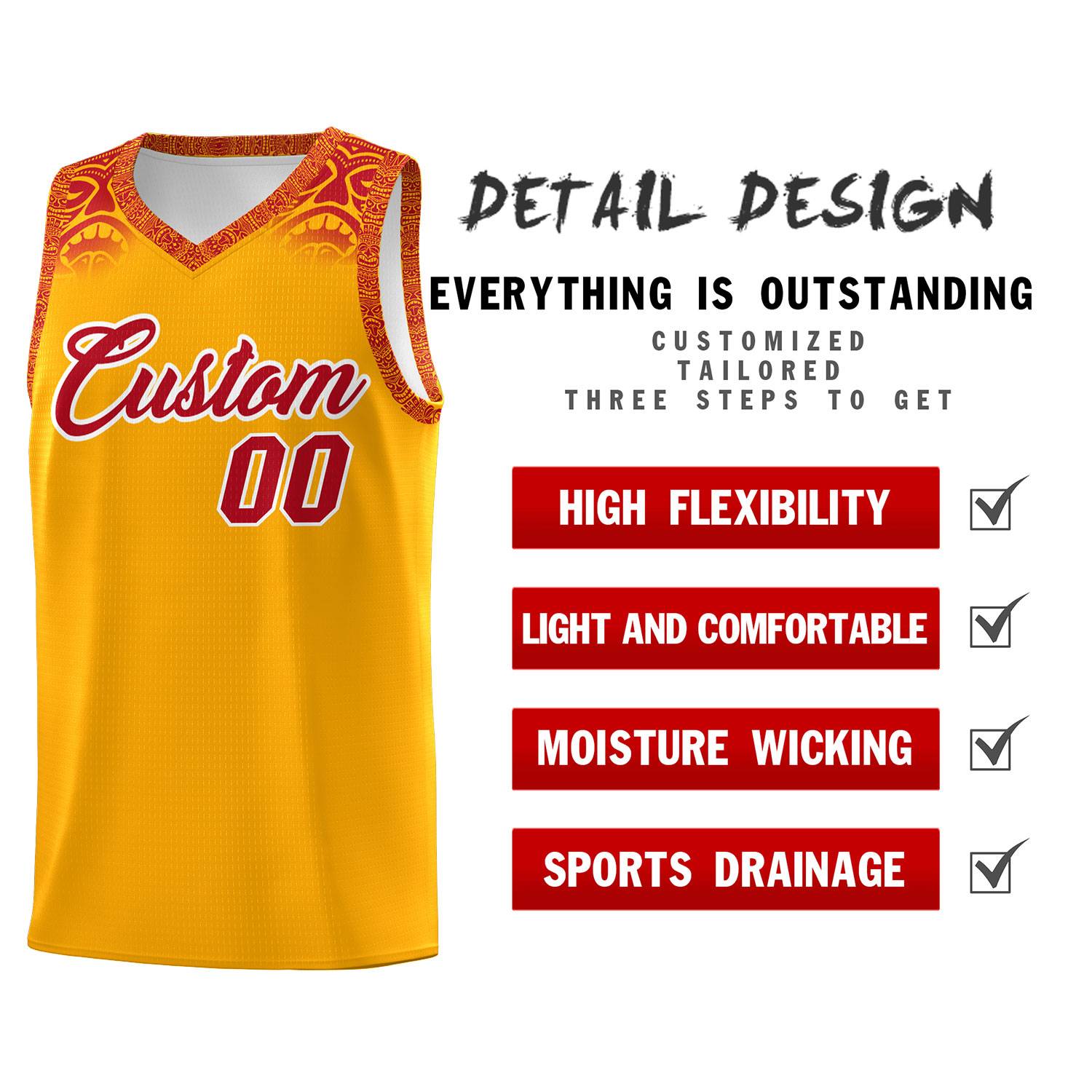 Custom Yellow Red Personalized Indians Print Kits Sports Uniform Basketball Jersey|KXKSHOP