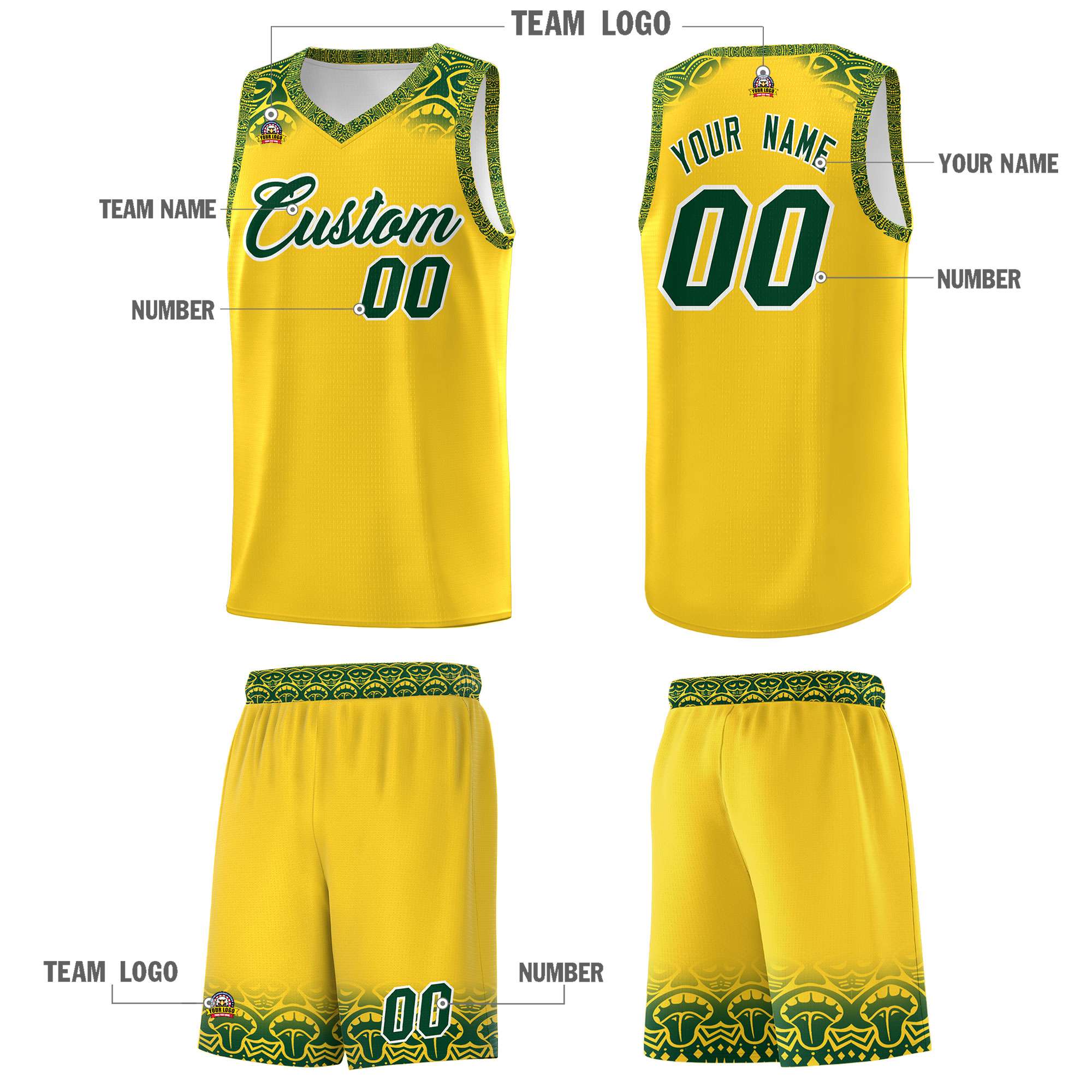 Custom Gold Green Personalized Indians Print Kits Sports Uniform Basketball Jersey|KXKSHOP