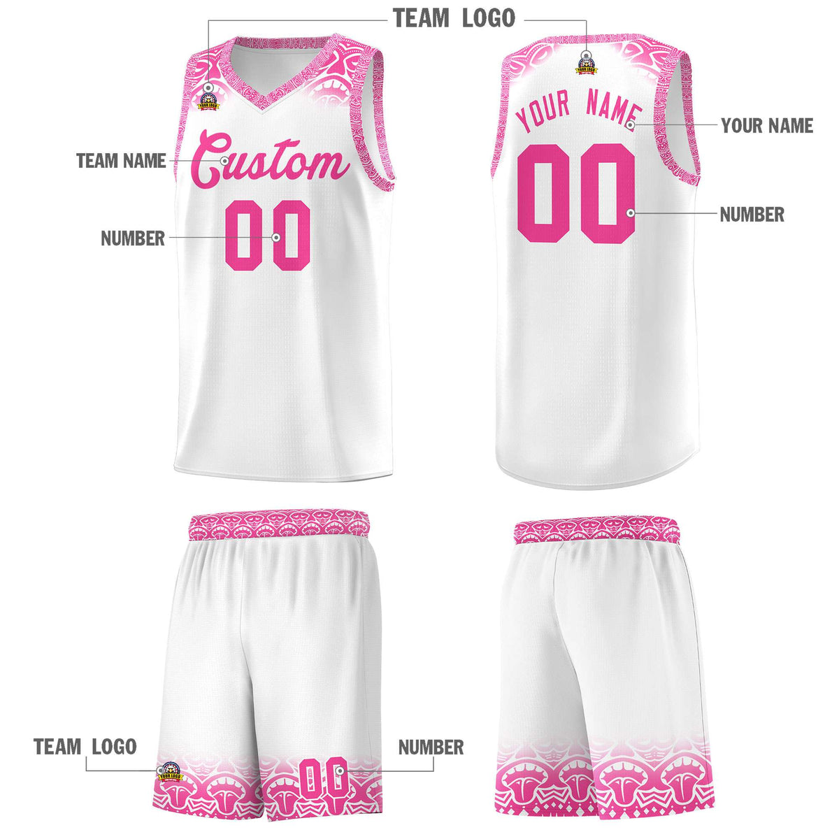 Custom White Pink Personalized Indians Print Kits Sports Uniform Basketball Jersey|KXKSHOP