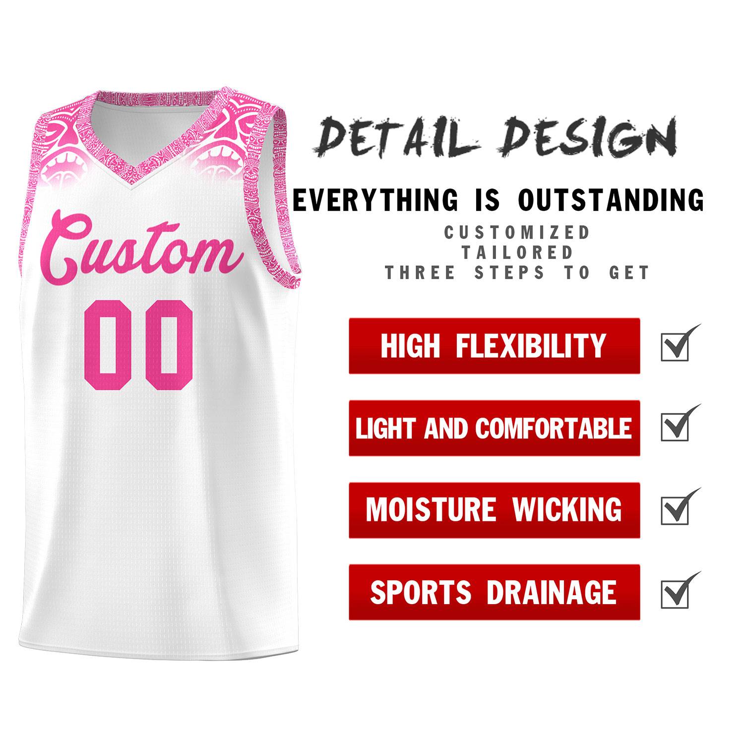 Custom White Pink Personalized Indians Print Kits Sports Uniform Basketball Jersey|KXKSHOP