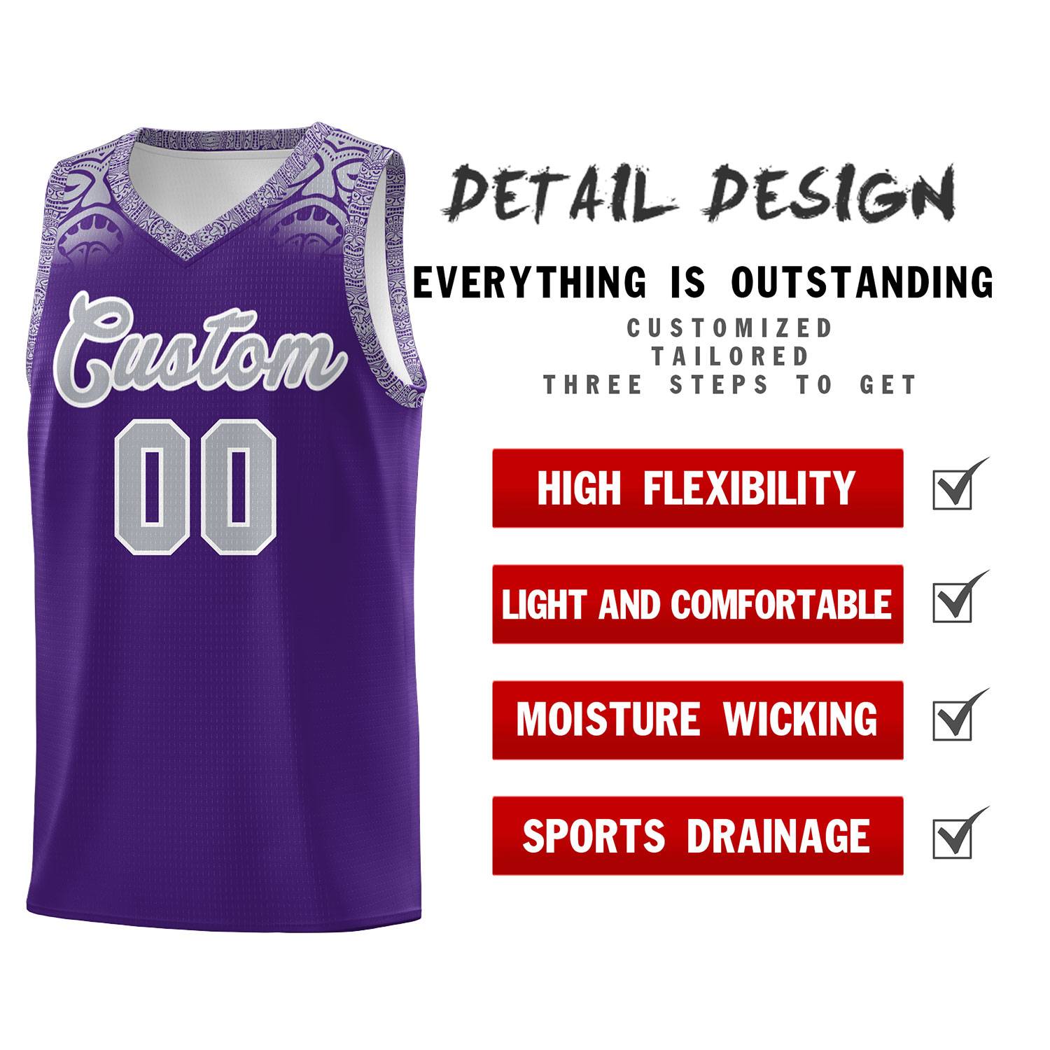 Custom Purple Gray Personalized Indians Print Kits Sports Uniform Basketball Jersey|KXKSHOP