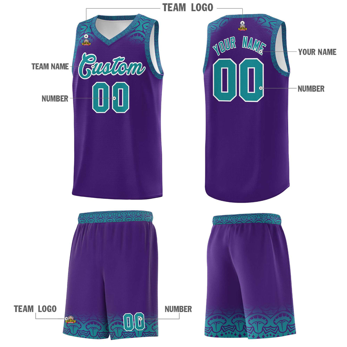 Custom Purple Aqua Personalized Indians Print Kits Sports Uniform Basketball Jersey|KXKSHOP
