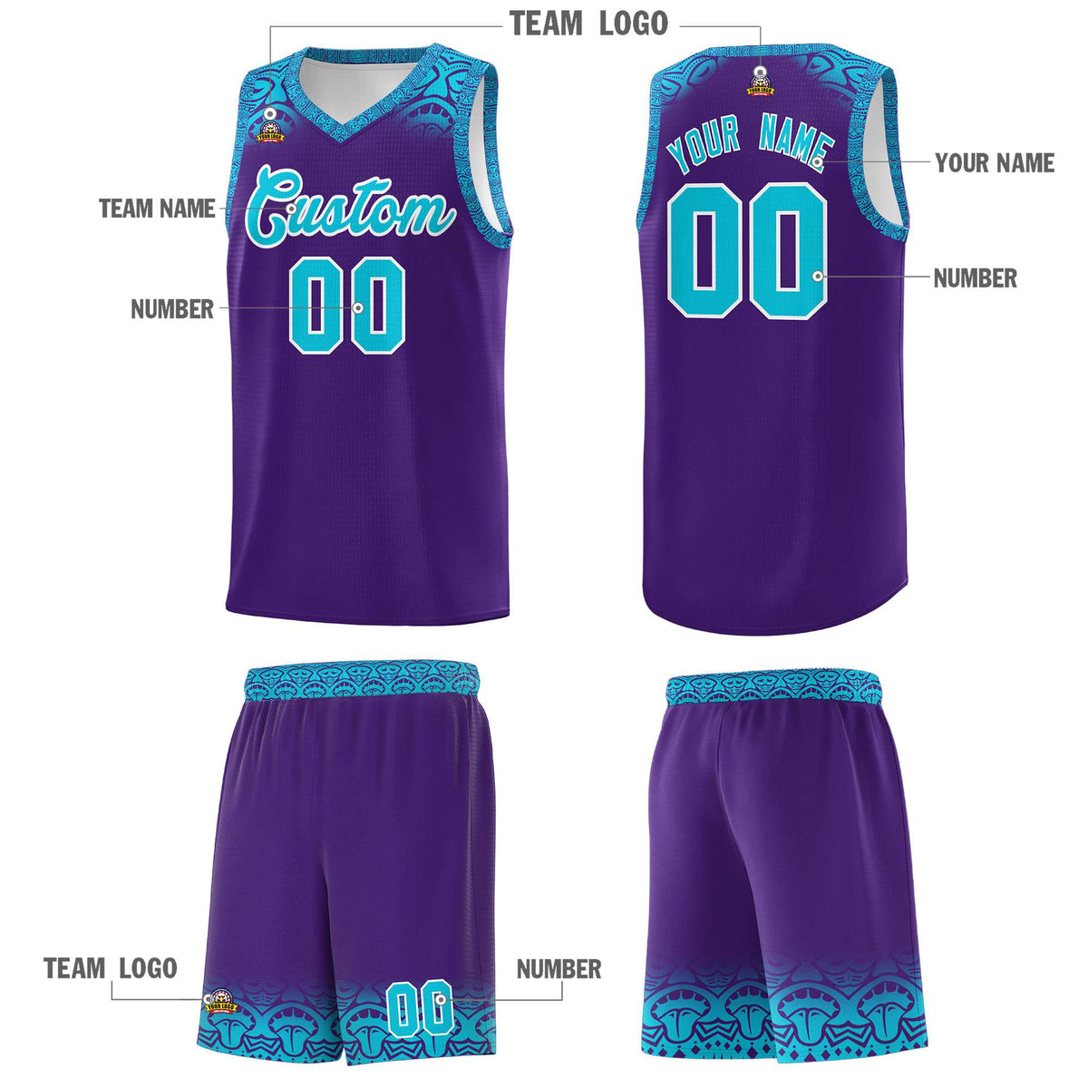 Custom Purple Sky Blue Personalized Indians Print Kits Sports Uniform Basketball Jersey|KXKSHOP