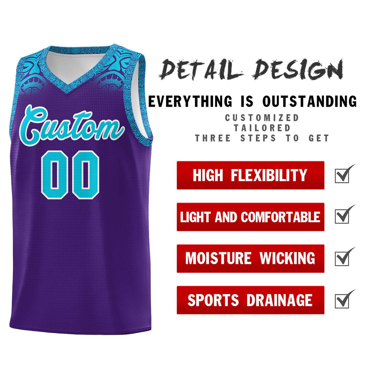 Custom Purple Sky Blue Personalized Indians Print Kits Sports Uniform Basketball Jersey|KXKSHOP