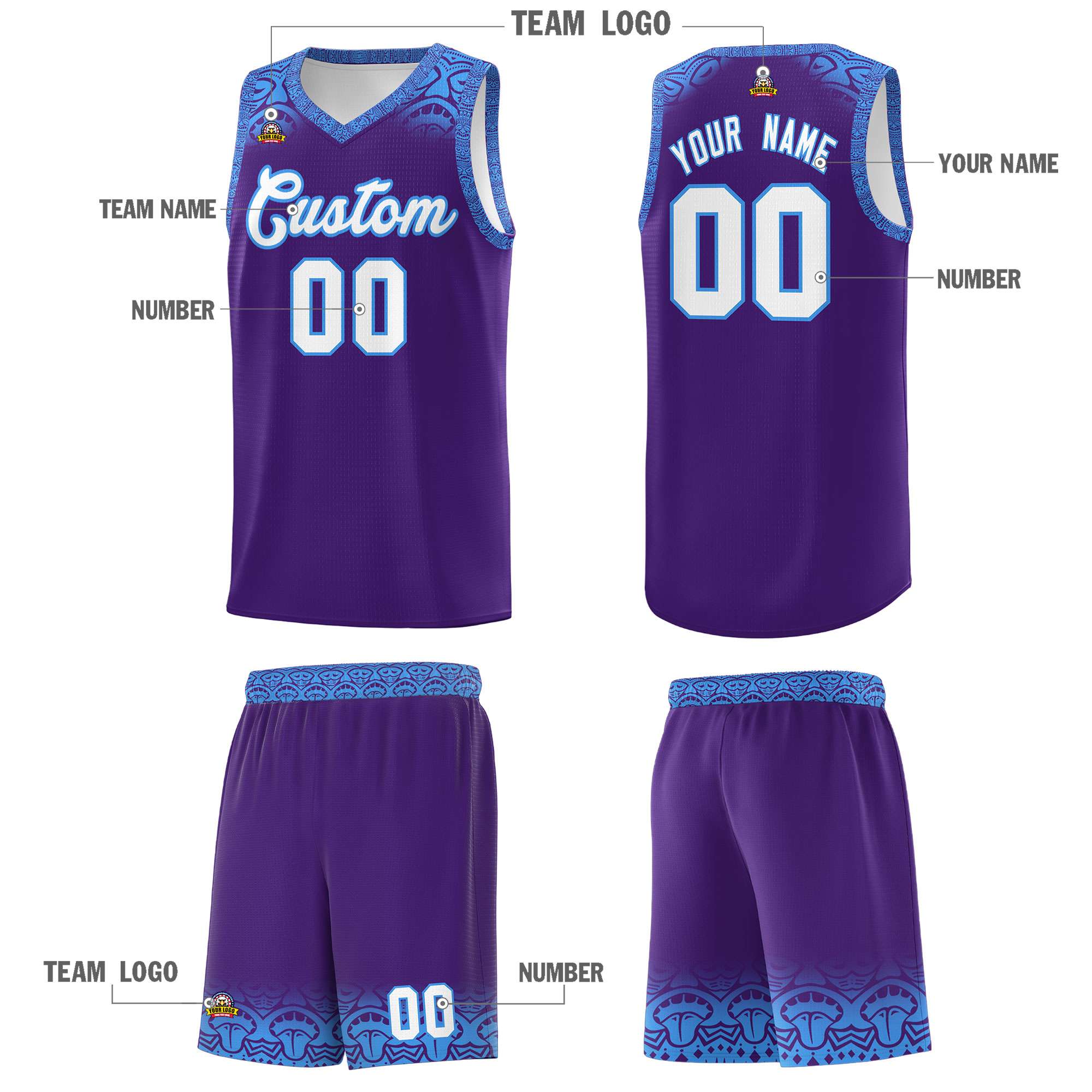 Custom Purple Powder Blue Personalized Indians Print Kits Sports Uniform Basketball Jersey|KXKSHOP