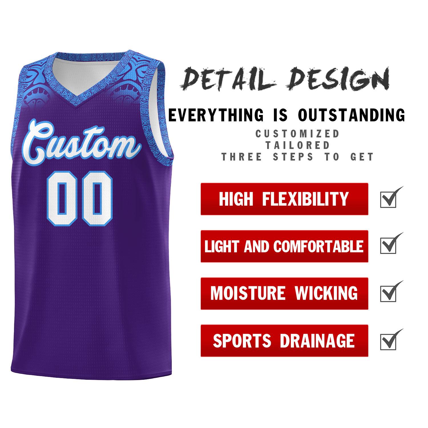 Custom Purple Powder Blue Personalized Indians Print Kits Sports Uniform Basketball Jersey|KXKSHOP
