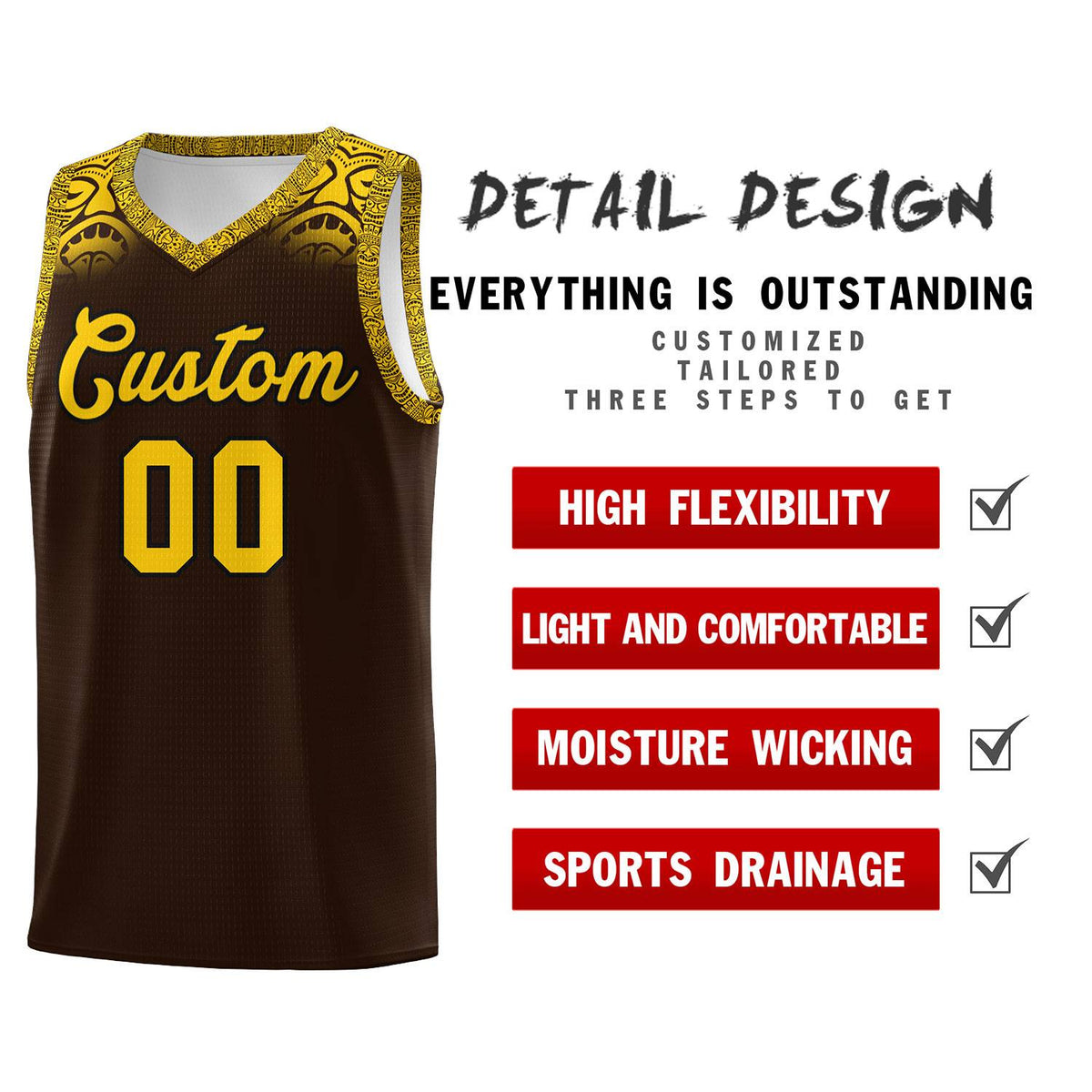 Custom Brown Gold Personalized Indians Print Kits Sports Uniform Basketball Jersey|KXKSHOP