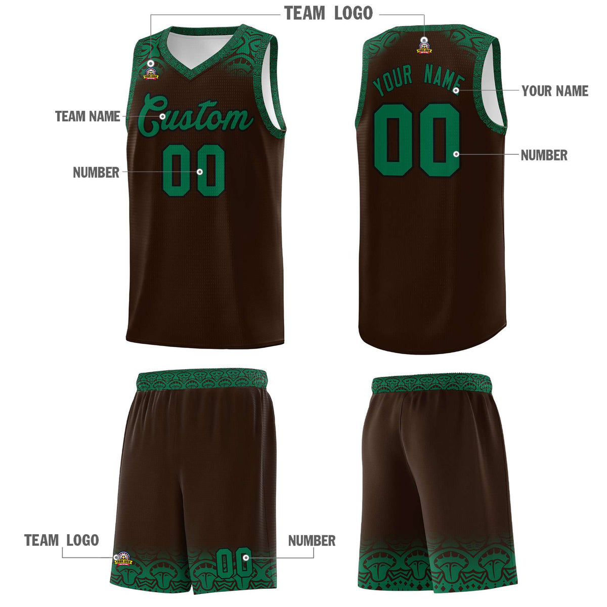 Custom Brown Kelly Green Personalized Indians Print Kits Sports Uniform Basketball Jersey|KXKSHOP