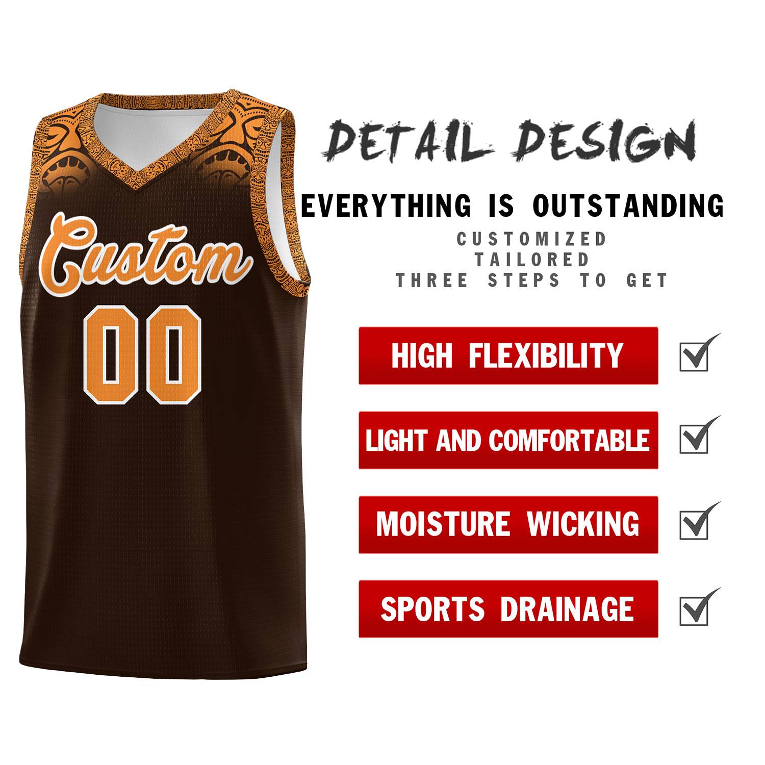 Custom Brown Orange Personalized Indians Print Kits Sports Uniform Basketball Jersey|KXKSHOP
