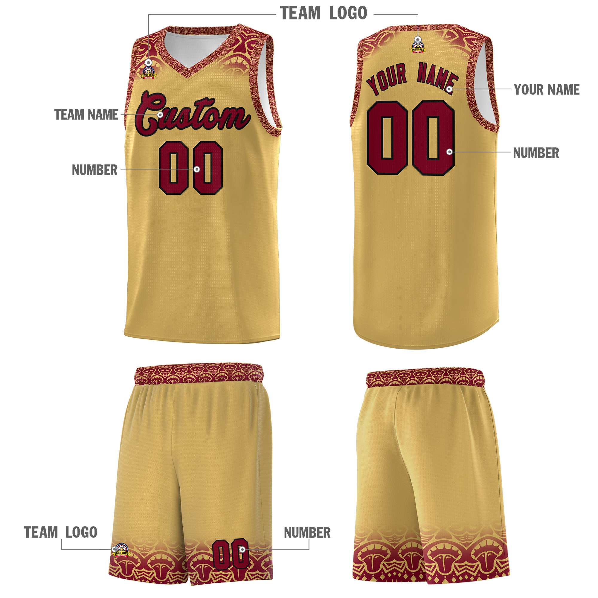 Custom Khaki Crimson Personalized Indians Print Kits Sports Uniform Basketball Jersey|KXKSHOP