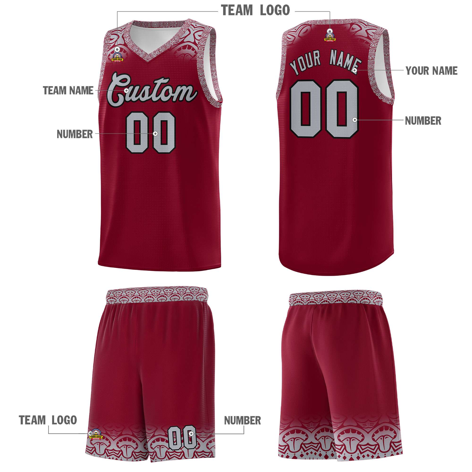 Custom Crimson Gray Personalized Indians Print Kits Sports Uniform Basketball Jersey|KXKSHOP