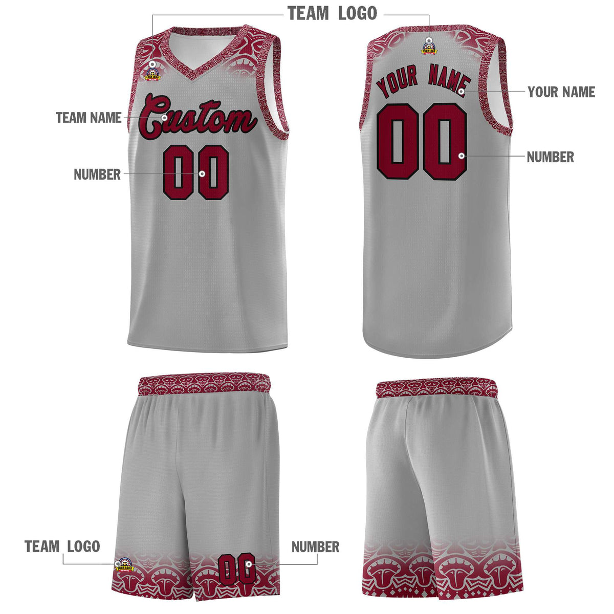 Custom Gray Crimson Personalized Indians Print Kits Sports Uniform Basketball Jersey|KXKSHOP