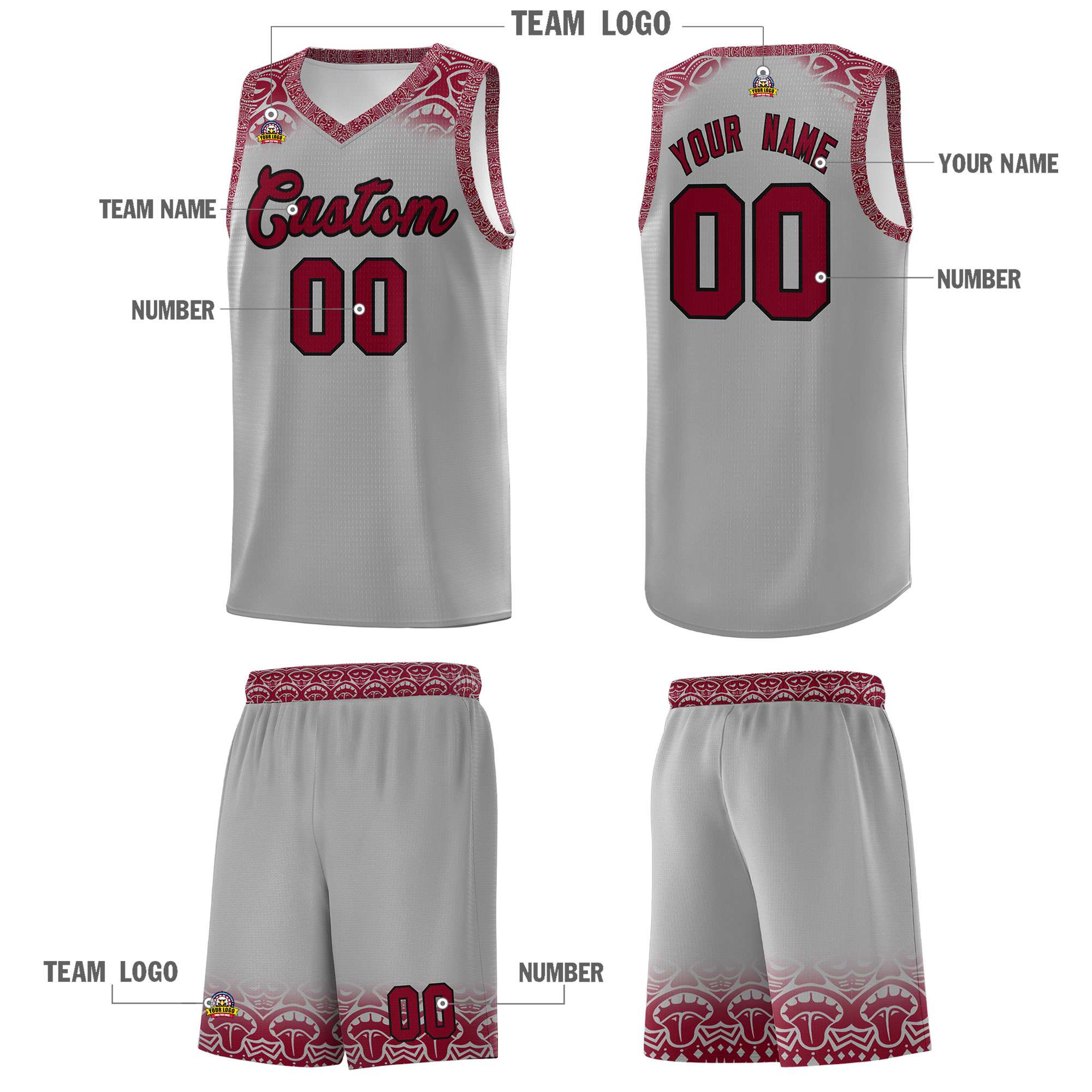 Custom Gray Crimson Personalized Indians Print Kits Sports Uniform Basketball Jersey|KXKSHOP