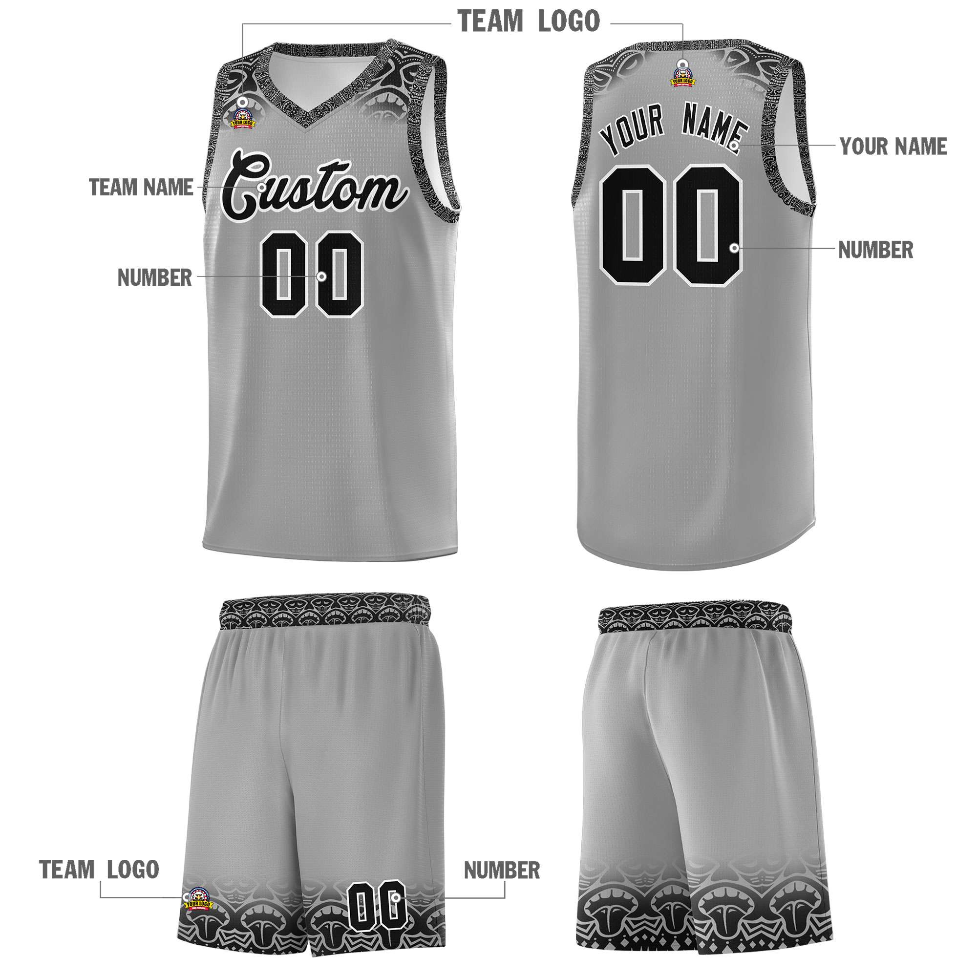Custom Gray Black Personalized Indians Print Kits Sports Uniform Basketball Jersey|KXKSHOP