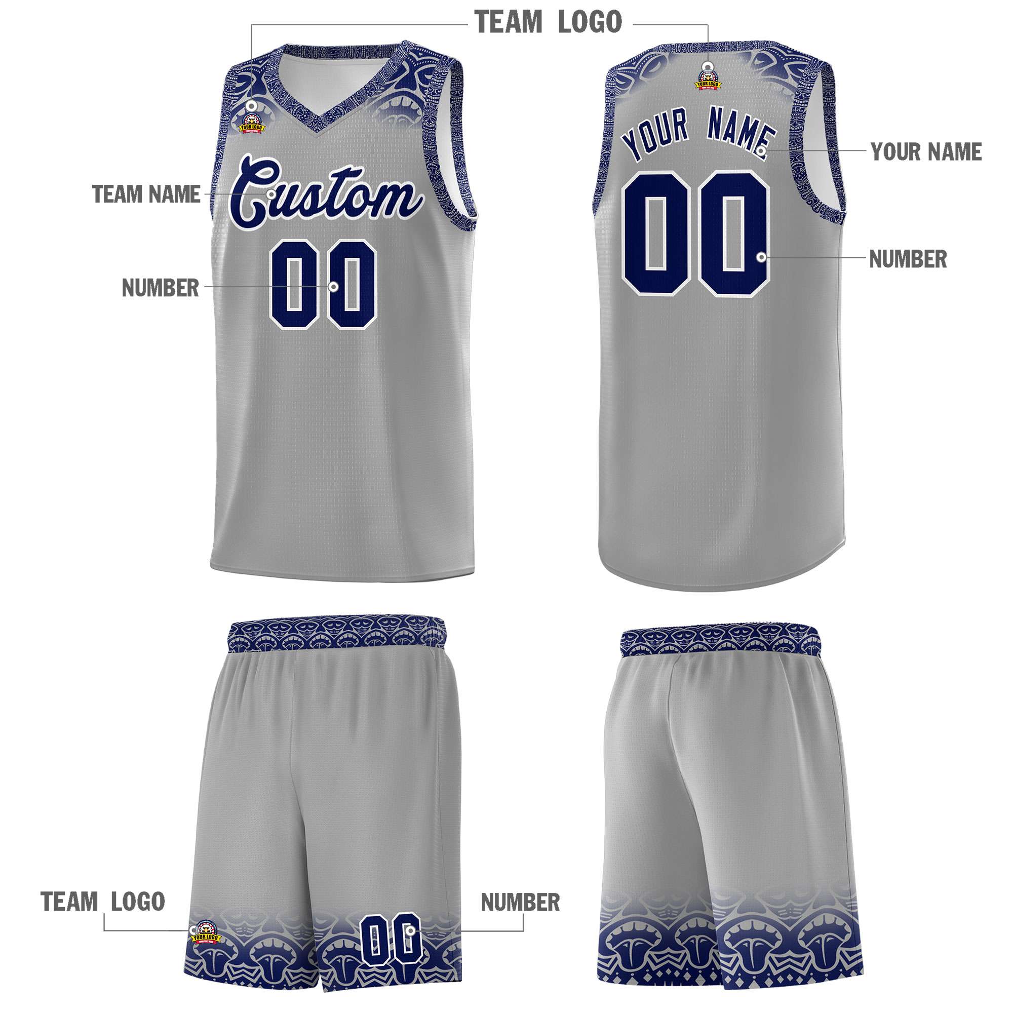 Custom Gray Royal Personalized Indians Print Kits Sports Uniform Basketball Jersey|KXKSHOP