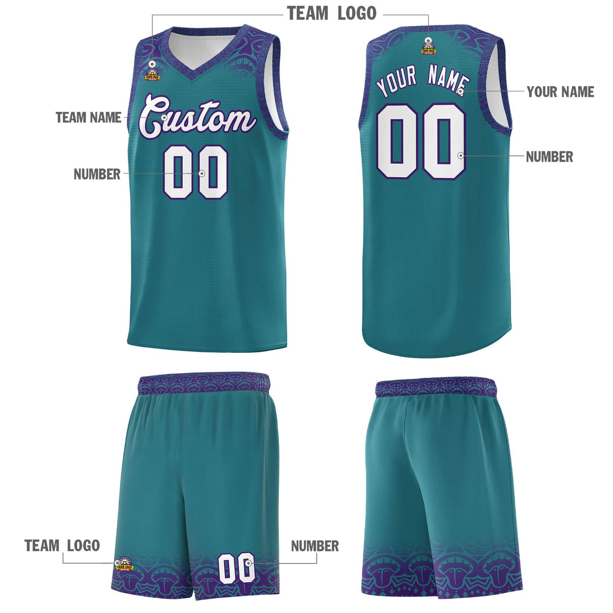 Custom Aqua Purple Personalized Indians Print Kits Sports Uniform Basketball Jersey|KXKSHOP