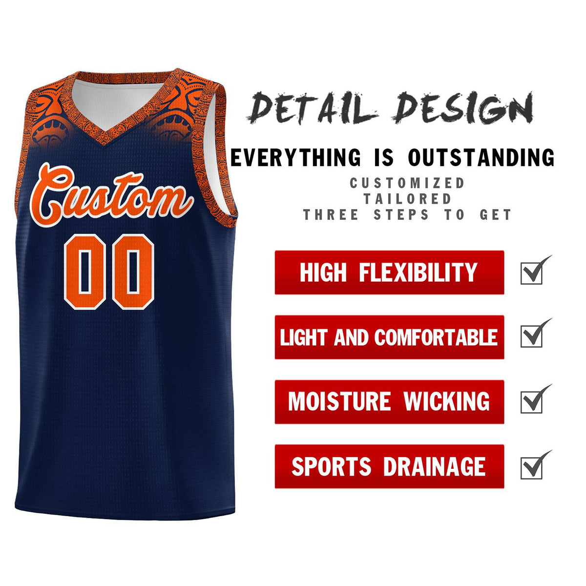 Custom Navy Orange Personalized Indians Print Kits Sports Uniform Basketball Jersey|KXKSHOP