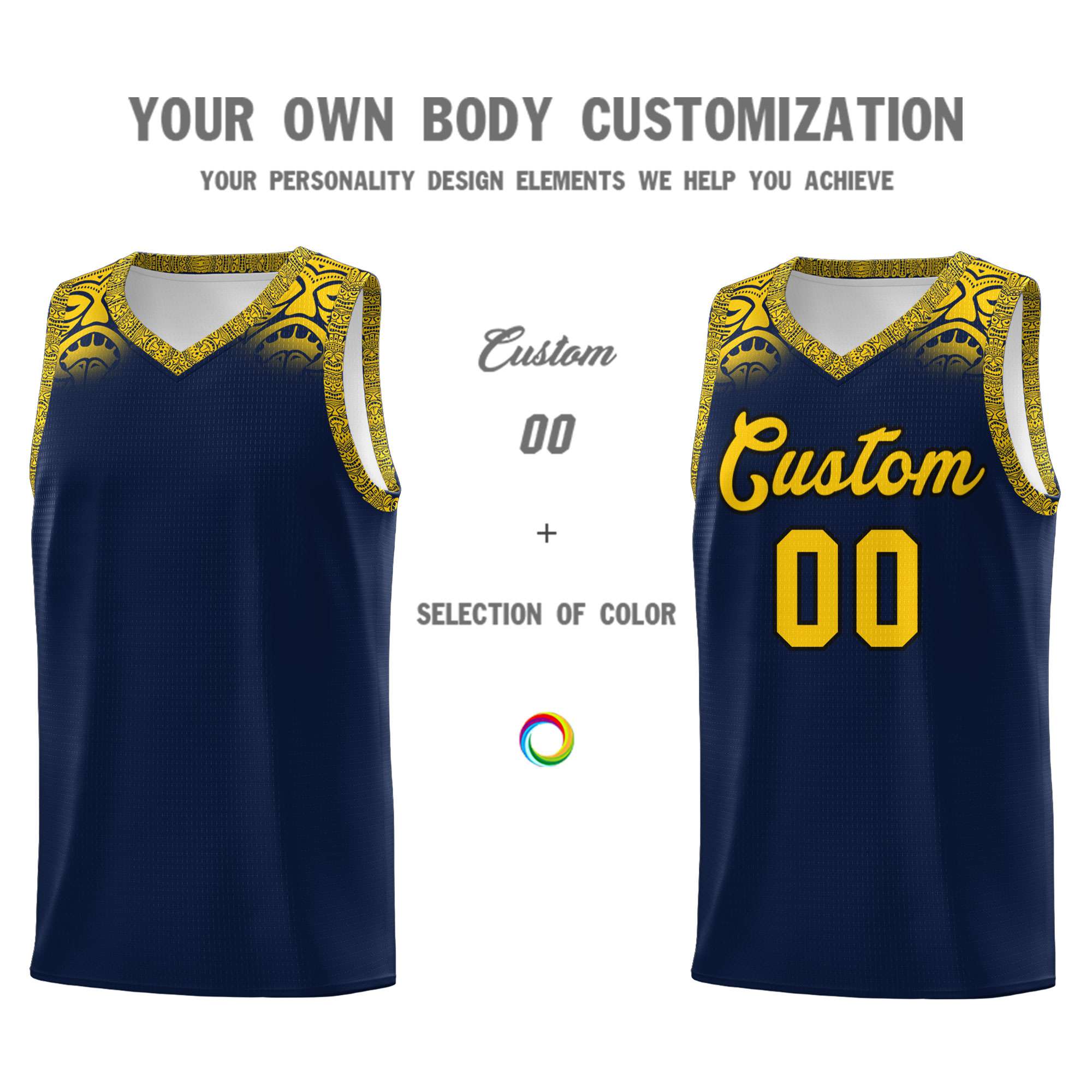 Custom Navy Gold Personalized Indians Print Kits Sports Uniform Basketball Jersey|KXKSHOP