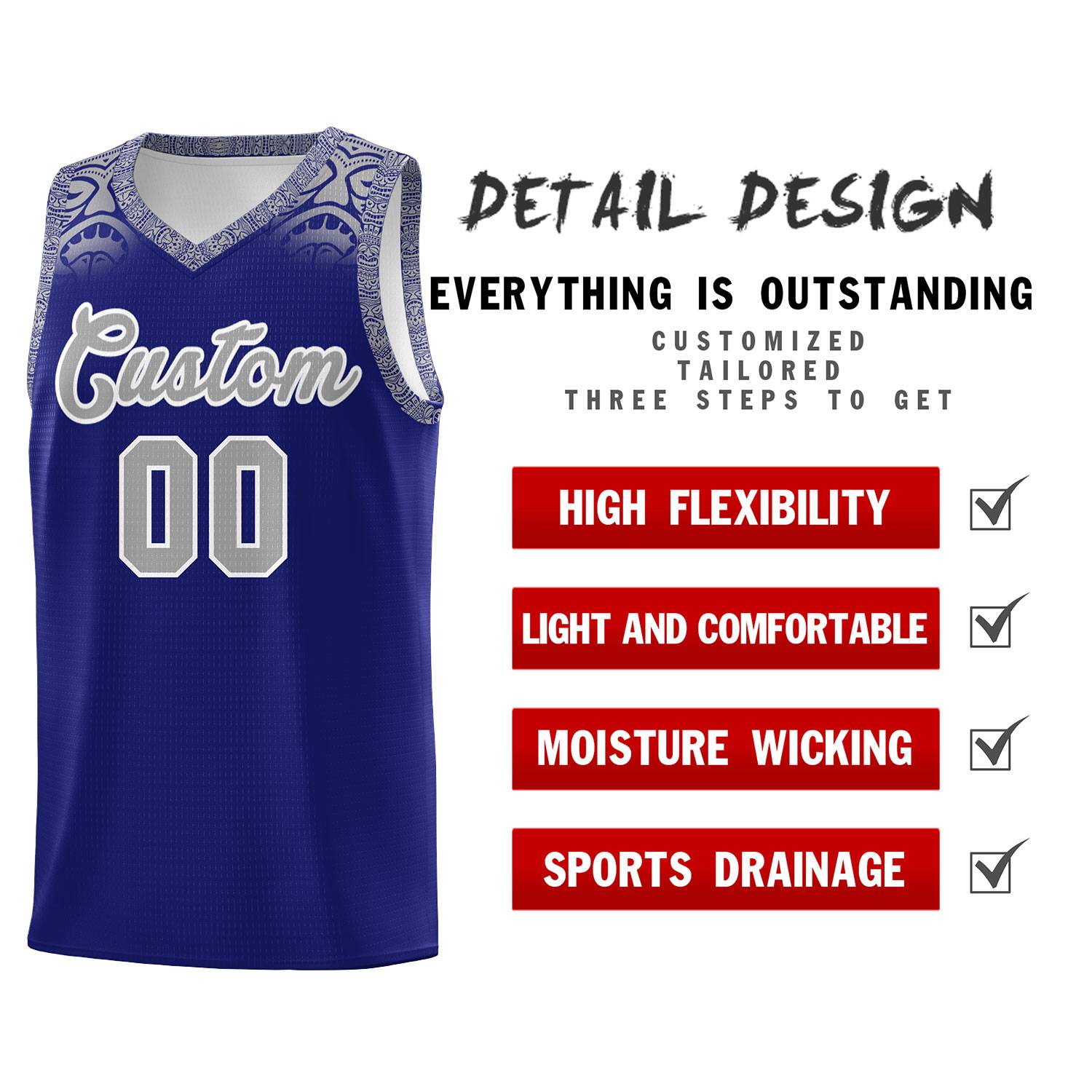 Custom Royal Gray Personalized Indians Print Kits Sports Uniform Basketball Jersey|KXKSHOP