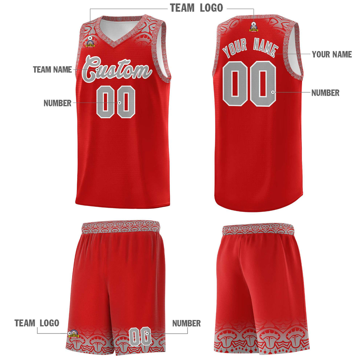 Custom Red Gray Personalized Indians Print Kits Sports Uniform Basketball Jersey|KXKSHOP