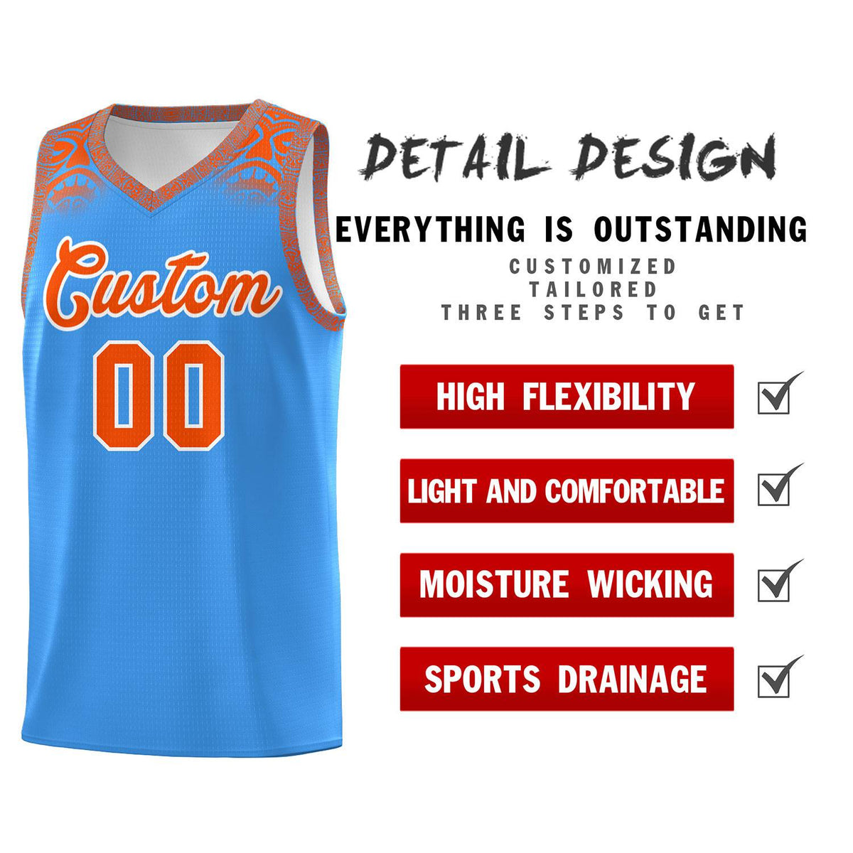 Custom Powder Blue Orange Personalized Indians Print Kits Sports Uniform Basketball Jersey|KXKSHOP