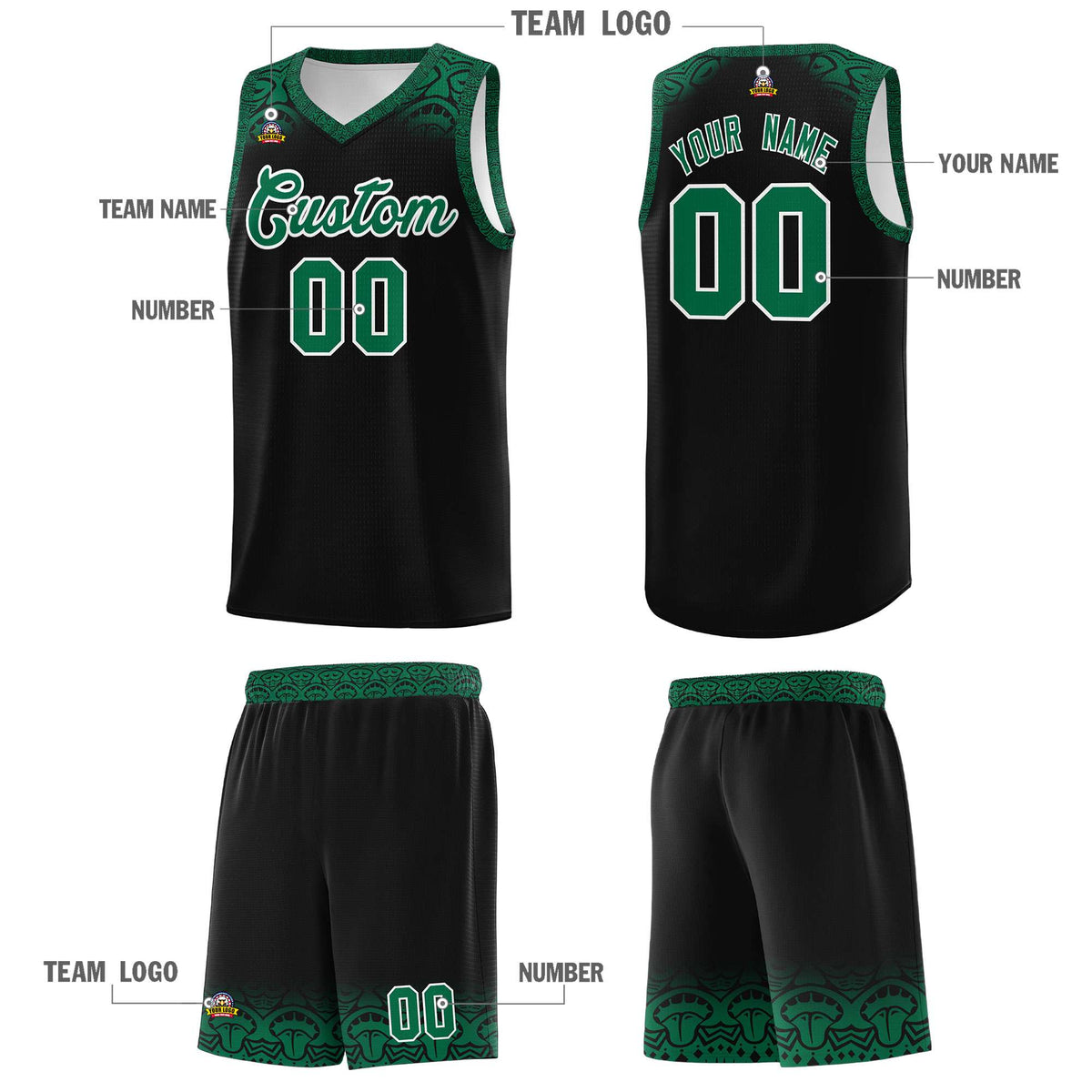 Custom Black Kelly Green Personalized Indians Print Kits Sports Uniform Basketball Jersey|KXKSHOP