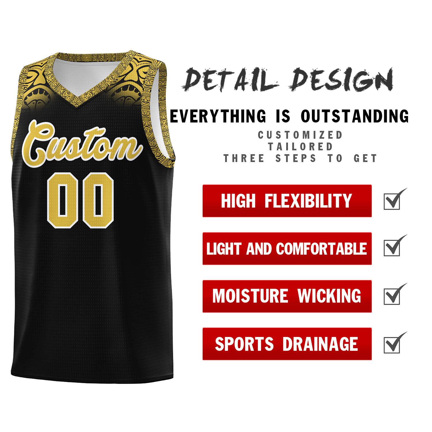 Custom Black Yellow Personalized Indians Print Kits Sports Uniform Basketball Jersey|KXKSHOP