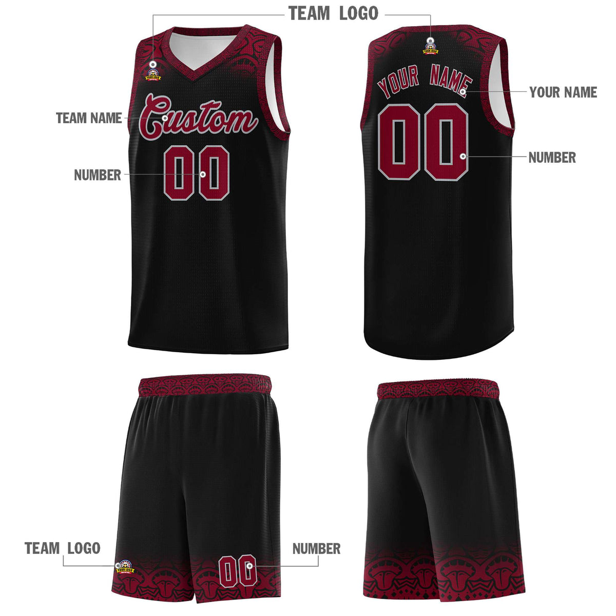 Custom Black Crimson Personalized Indians Print Kits Sports Uniform Basketball Jersey|KXKSHOP