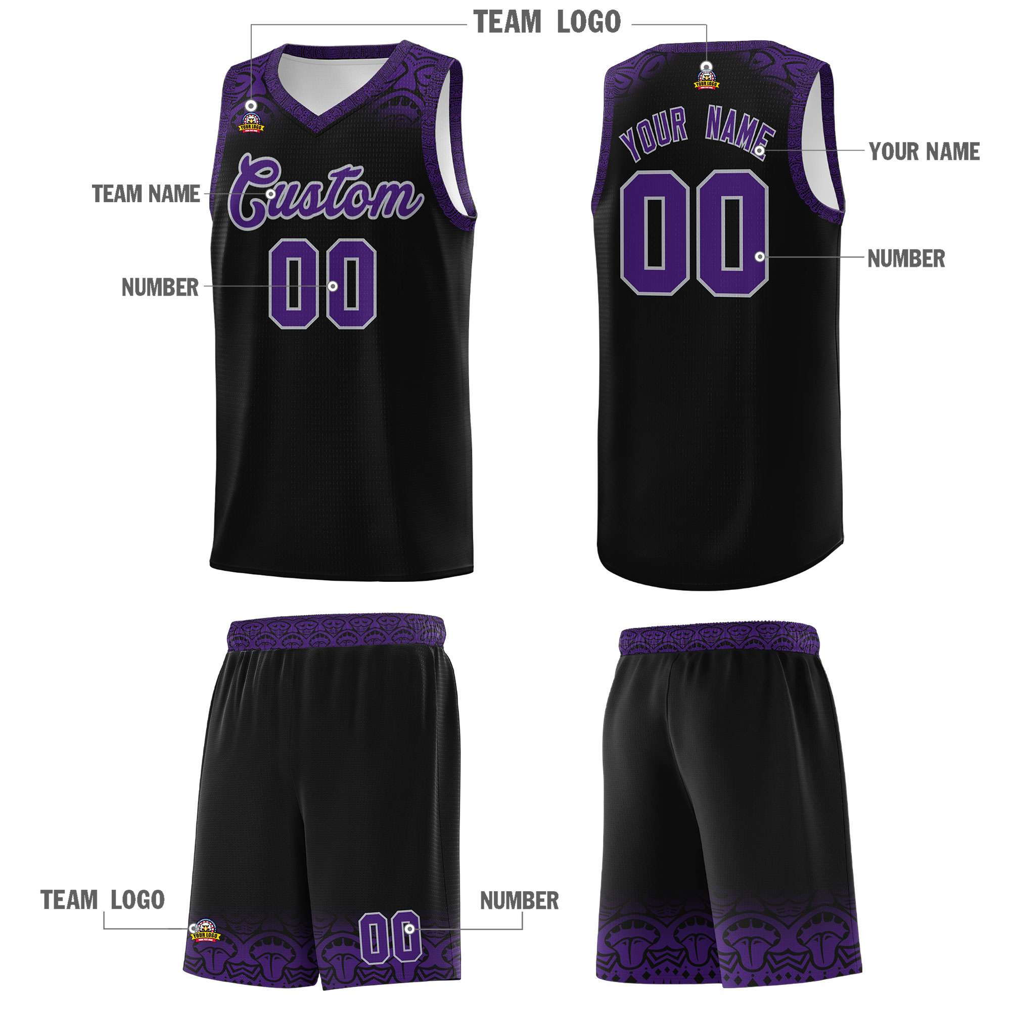 Custom Black Purple Personalized Indians Print Kits Sports Uniform Basketball Jersey|KXKSHOP